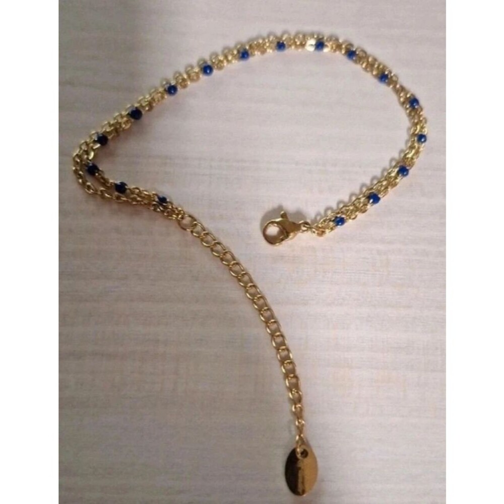 Gold tone Anklet, with Small Blue Accent Beads.